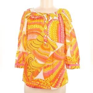 Trina Turk Women’s Blouse Resortwear Dopamine Silk Vibrant Orange Print Sz XS